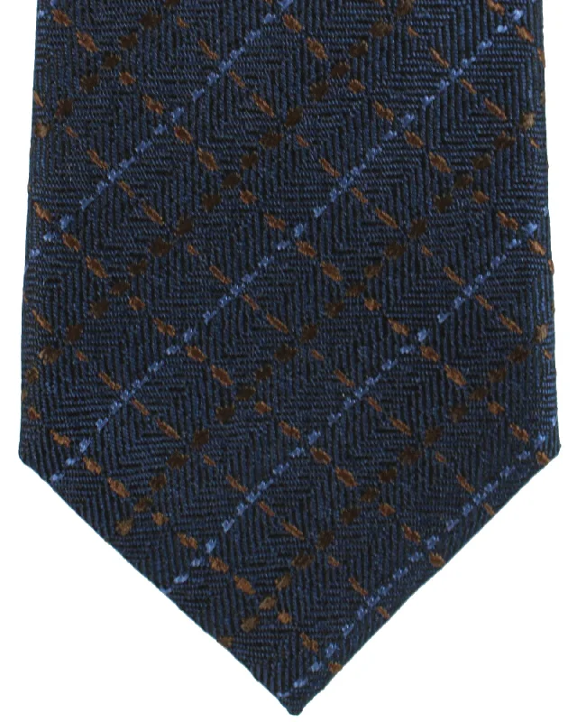 Men's modern necktie for business-Canali Silk Tie Dark Blue Brown Plaid Pattern