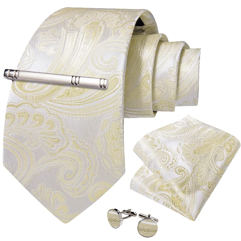 Men's satin tie-Champagne Floral Men's Tie Handkerchief Cufflinks Clip Set