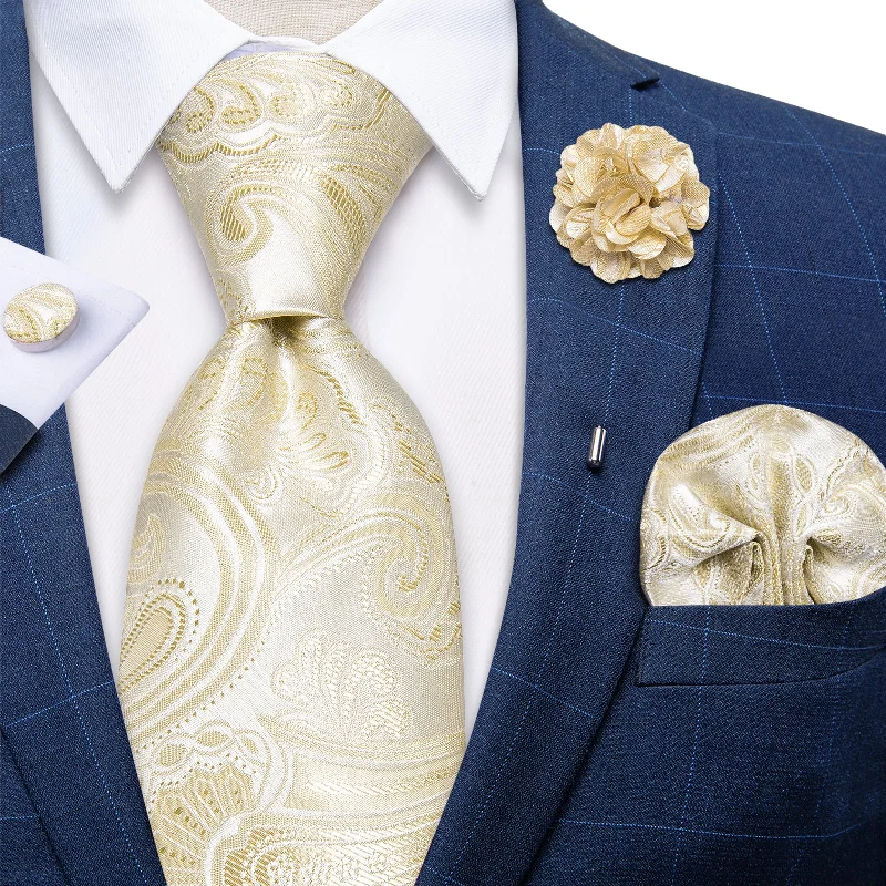 Men's tie for business-Champagne Floral Silk Men's Necktie Handkerchief Cufflinks Set With Lapel Pin Brooch Set