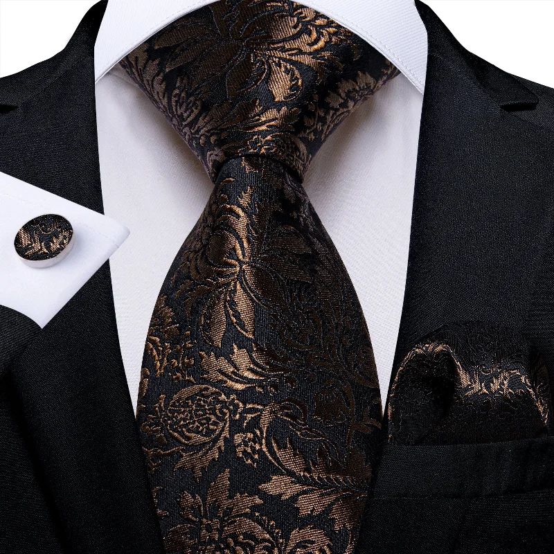 Men's unique tie for casual outfits-Champagne Golden Floral Men's Tie Pocket Square Cufflinks Set