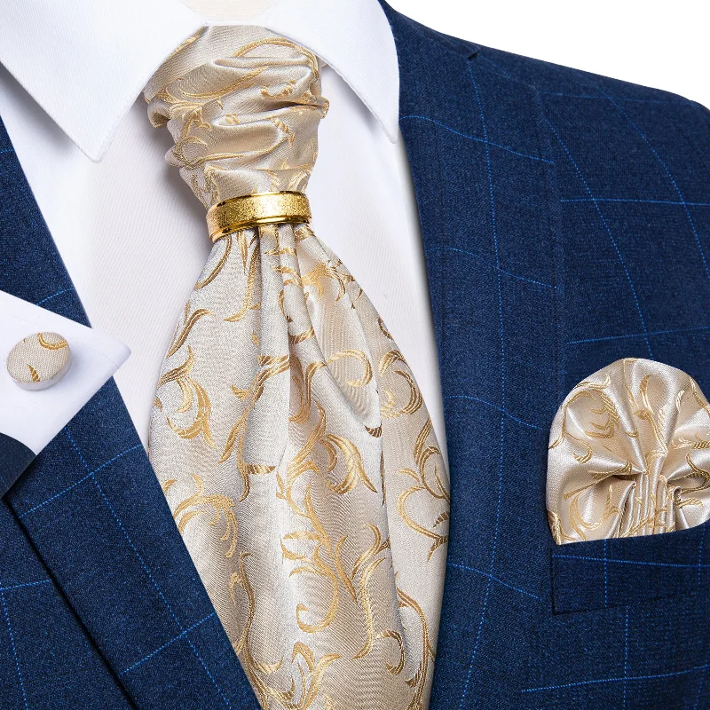 Men's tie for birthdays-Champagne Golden Floral Silk Cravat Woven Ascot Tie Pocket Square Cufflinks With Tie Ring Set