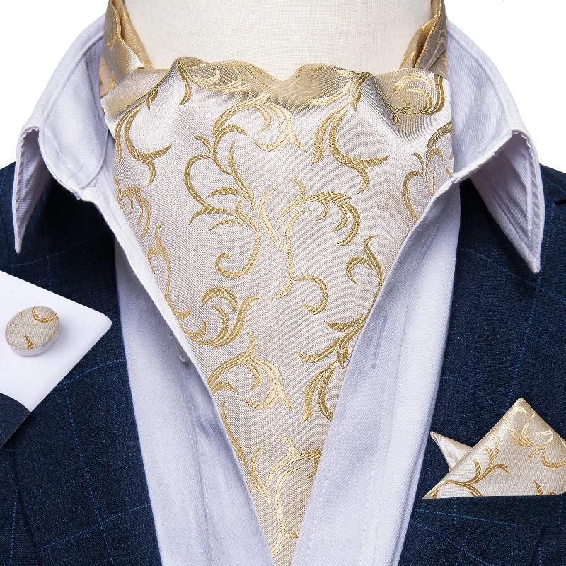 Men's tie with a unique pattern-Champagne Golden Floral Silk Cravat Woven Ascot Tie Pocket Square Handkerchief Suit Set