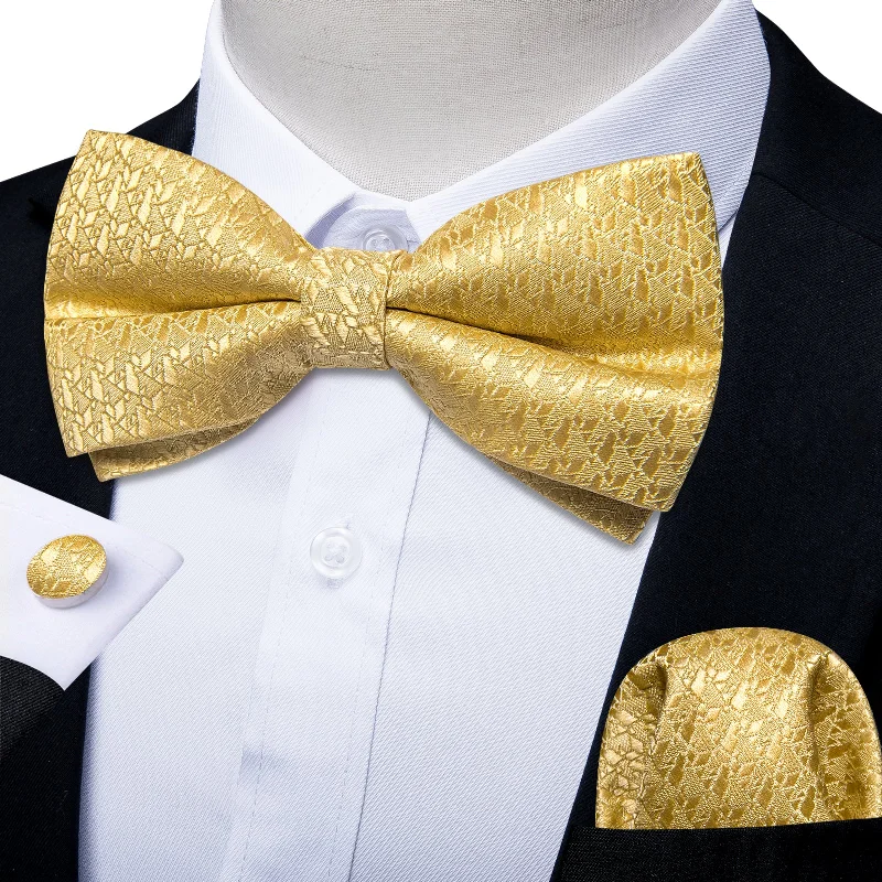 Men's formal tie for dinner events-Champagne Golden Geometric Silk Bowtie Pocket Square Cufflinks Set