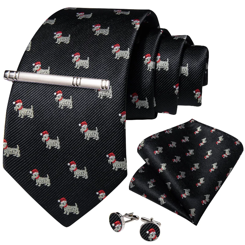 High-quality silk necktie for men-Christmas Black Solid Cartoon Dog Men's Tie Handkerchief Cufflinks Clip Set