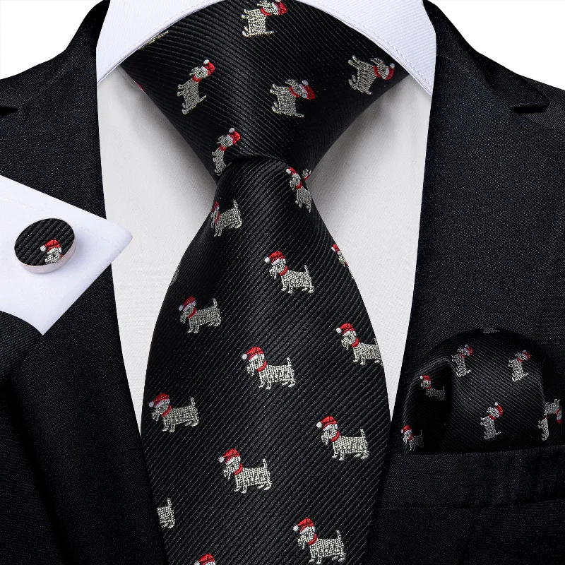 Slim fit men's tie-Christmas Black Solid Cartoon Dog Men's Tie Pocket Square Cufflinks Set