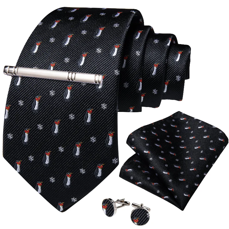 Men's tie for elegant occasions-Christmas Black Solid Cartoon Penguin Men's Tie Handkerchief Cufflinks Clip Set