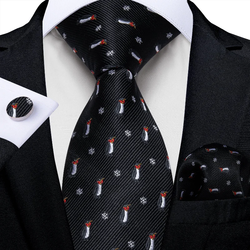 Classic men's tie for office wear-Christmas Black Solid Cartoon Penguin Men's Tie Pocket Square Cufflinks Set