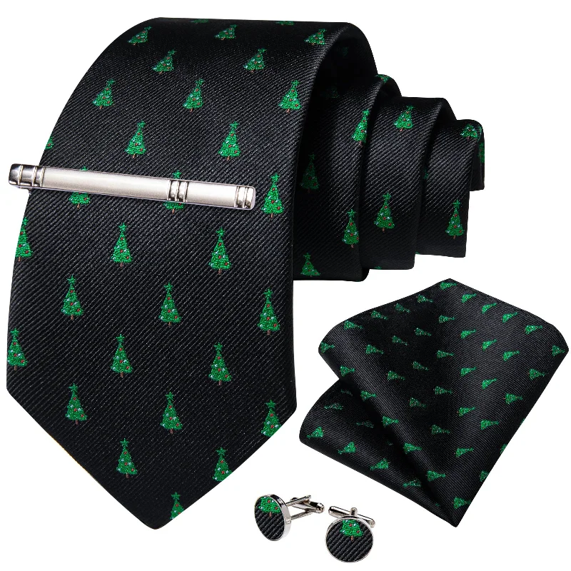 Men's tie with light blue color-Christmas Black Solid Green Christmas Tree Men's Tie Handkerchief Cufflinks Clip Set