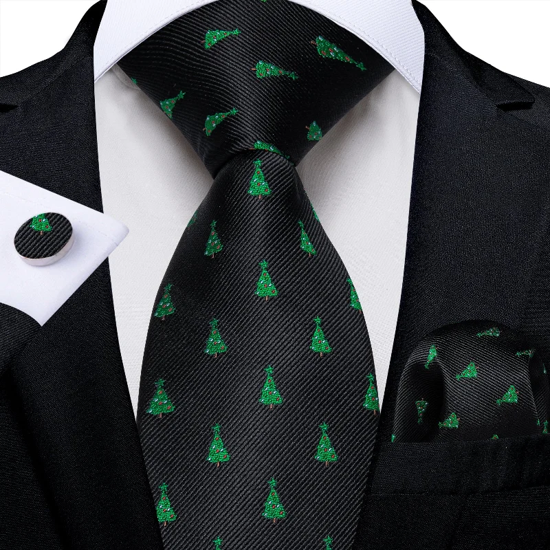 Men's tie with bold geometric design-Christmas Black Solid Green Christmas Tree Men's Tie Pocket Square Cufflinks Set