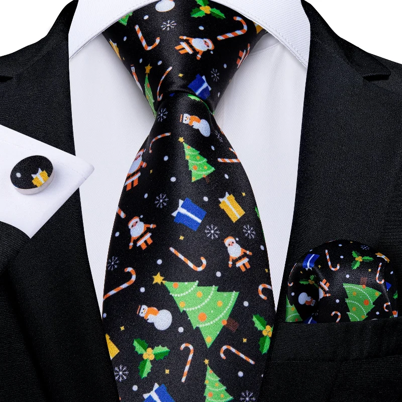 Men's tie with unique textures-Black Silk Santa Christmas Tree Men's Tie Pocket Square Cufflinks Set