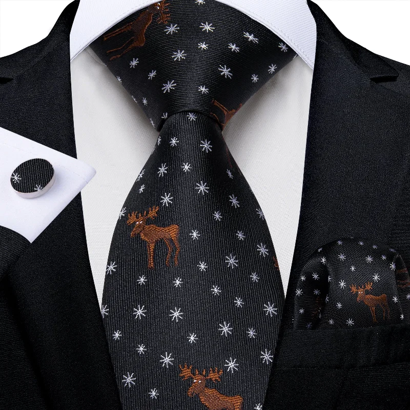 Affordable men's tie with patterns-Christmas Black Solid Snowflake Elk Men's Tie Pocket Square Cufflinks Set