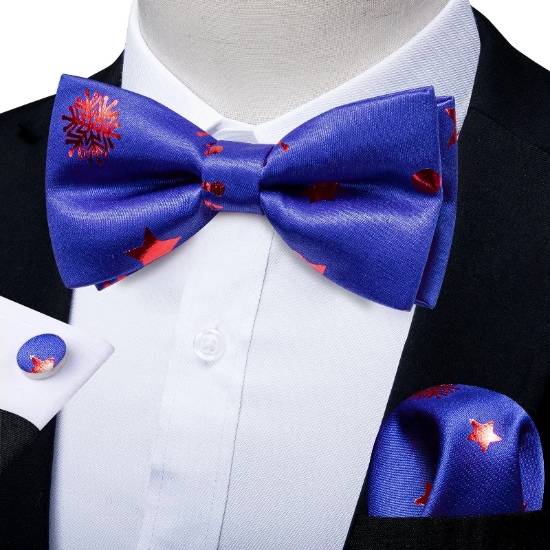 Men's tie for everyday office wear-Christmas Blue Golden Snowflake Bowtie Pocket Square Cufflinks Set