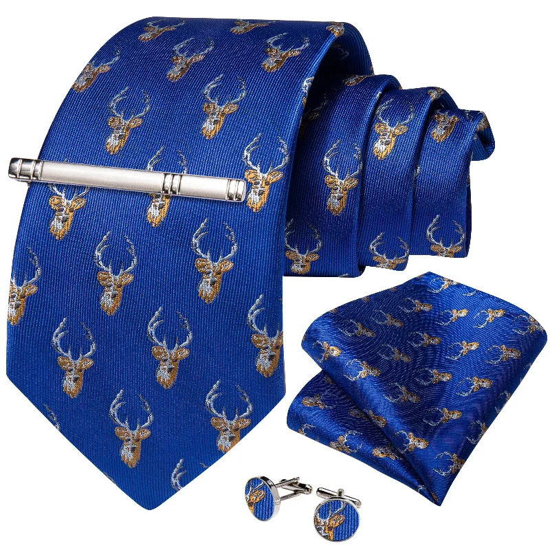 Men's bold striped tie-Christmas Blue Solid Elk Men's Tie Handkerchief Cufflinks Clip Set