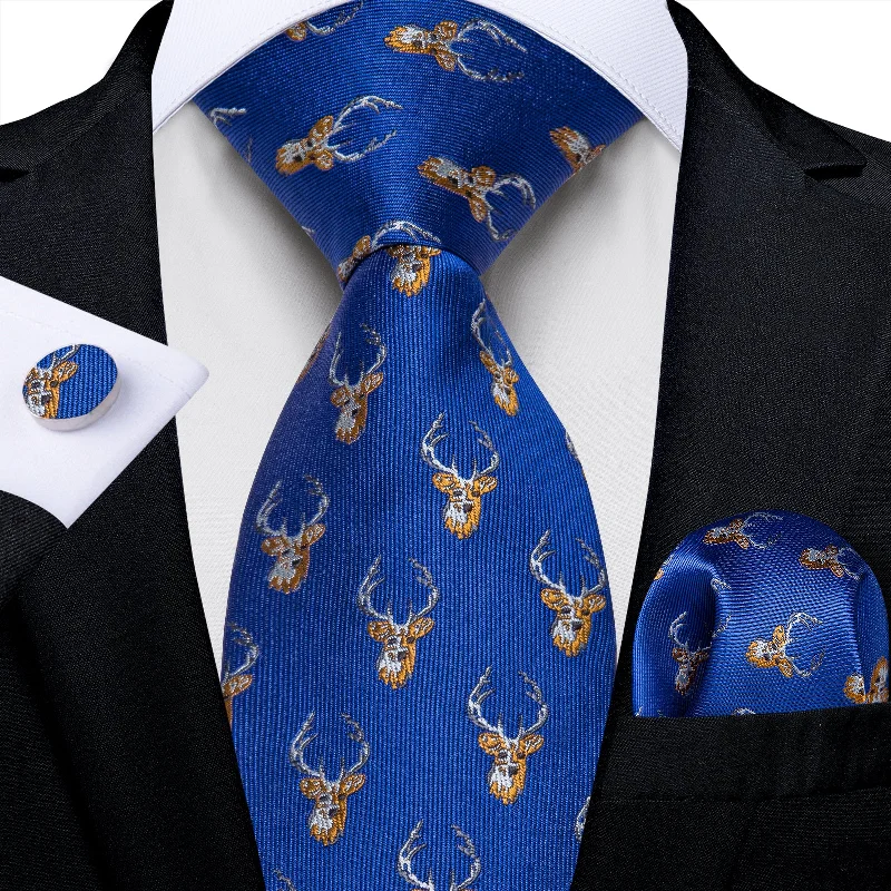 Best men's tie for church events-Christmas Blue Solid Elk Men's Tie Pocket Square Cufflinks Set