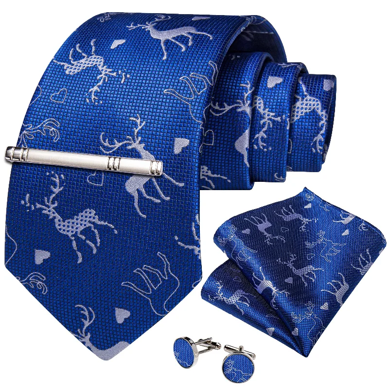 Unique necktie for men-Christmas Blue Solid Elk Tree Men's Tie Handkerchief Cufflinks Clip Set