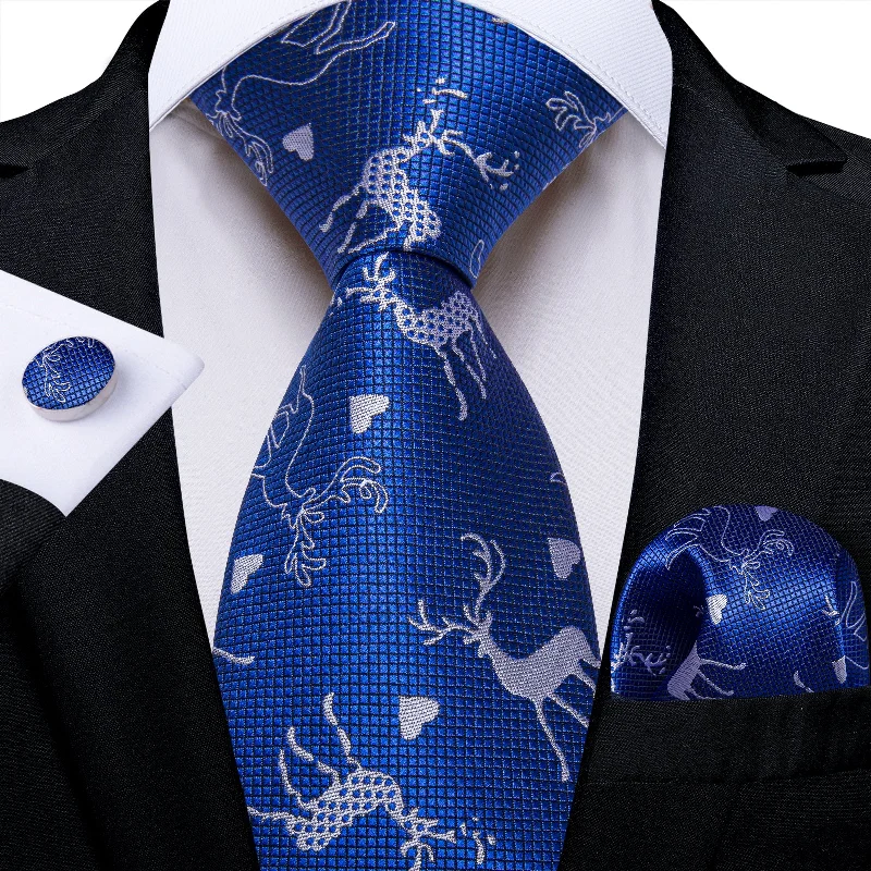 Men's high-quality silk necktie-Christmas Blue Solid Elk Tree Men's Tie Pocket Square Cufflinks Set