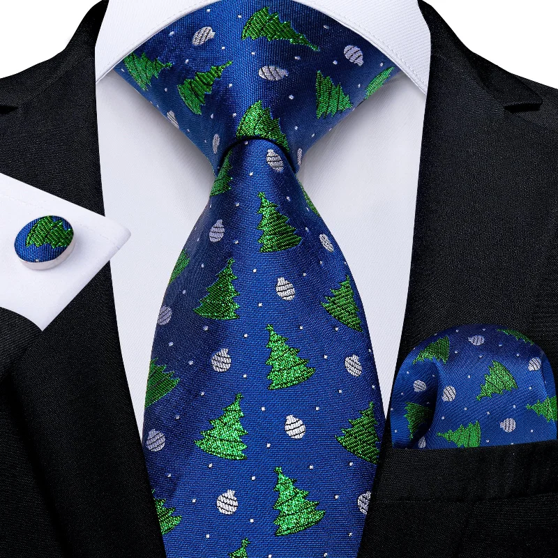 Men's tie for summer wedding-Christmas Blue Solid Green Christmas Tree Men's Tie Pocket Square Cufflinks Set