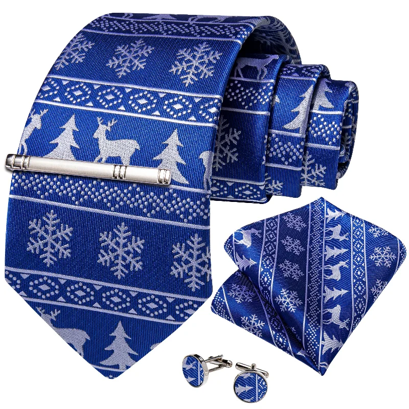 Men's tie with minimalistic pattern-Christmas Blue Solid White Snowflake Elk Tree Men's Tie Handkerchief Cufflinks Clip Set