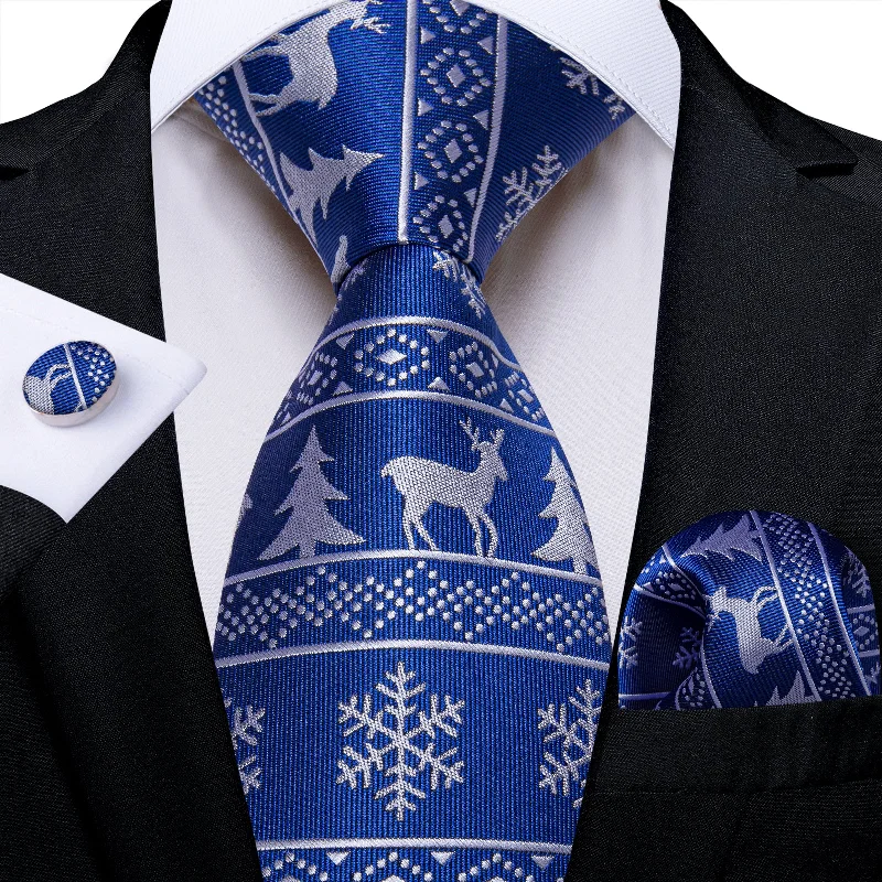 Men's tie for high-end occasions-Christmas Blue Solid White Snowflake Elk Tree Men's Tie Pocket Square Cufflinks Set