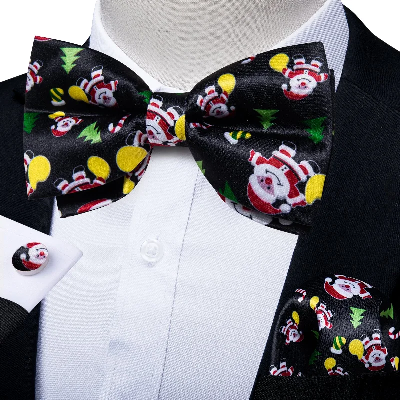 Men's satin tie-Christmas Cartoon Black Solid Silk Men's Pre-Bowtie Pocket Square Cufflinks Set