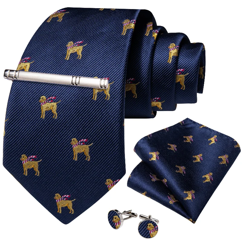 Men's tie with diagonal stripes-Christmas Dark Blue Solid Cartoon Dog Men's Tie Handkerchief Cufflinks Clip Set