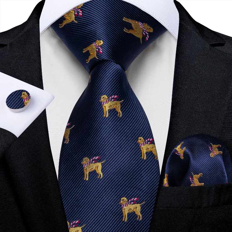 Elegant men's necktie for weddings-Christmas Dark Blue Solid Cartoon Dog Men's Tie Pocket Square Cufflinks Set