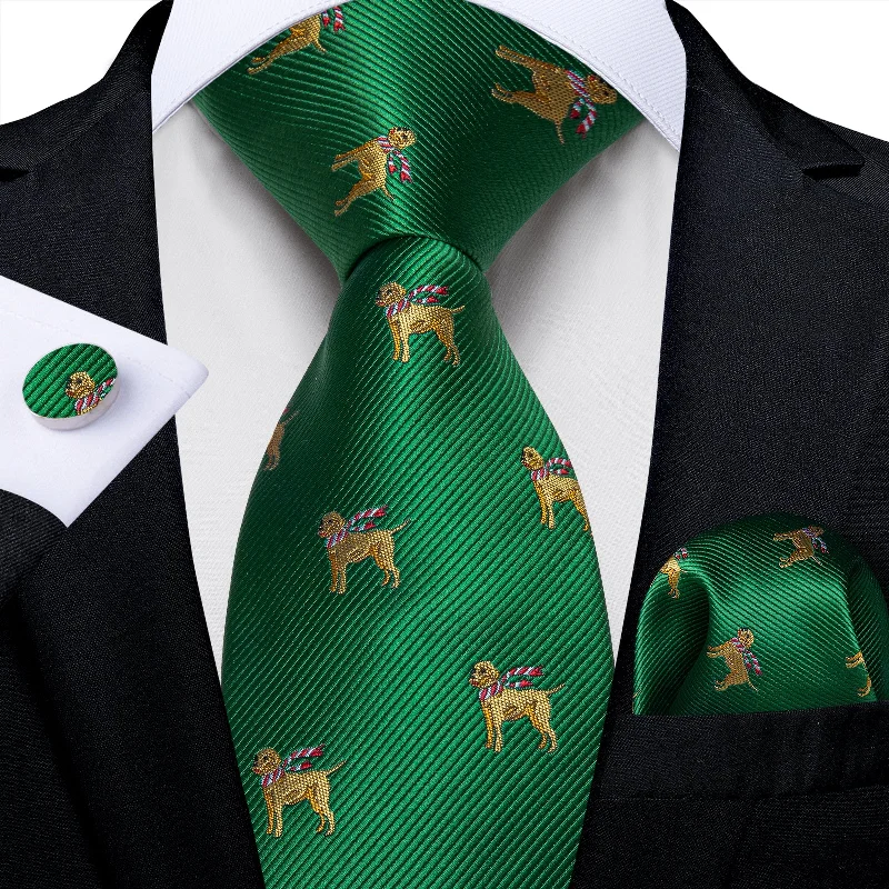 Men's vintage necktie-Christmas Green Solid Cartoon Dog Men's Tie Pocket Square Cufflinks Set