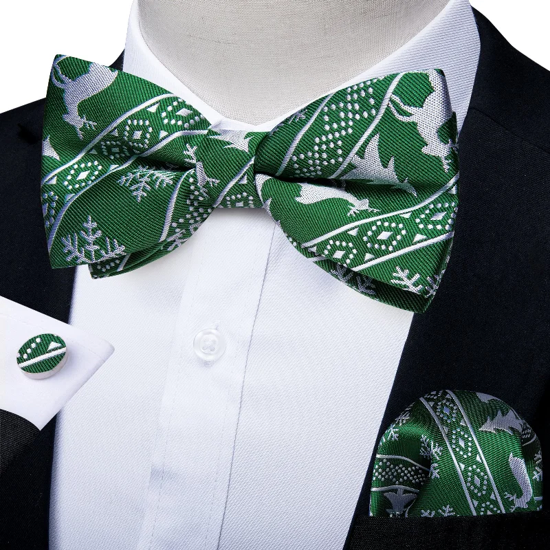 Men's tie for luxury events-Christmas Green Solid Siver Elk Snowflake Silk Bowtie Pocket Square Cufflinks Set