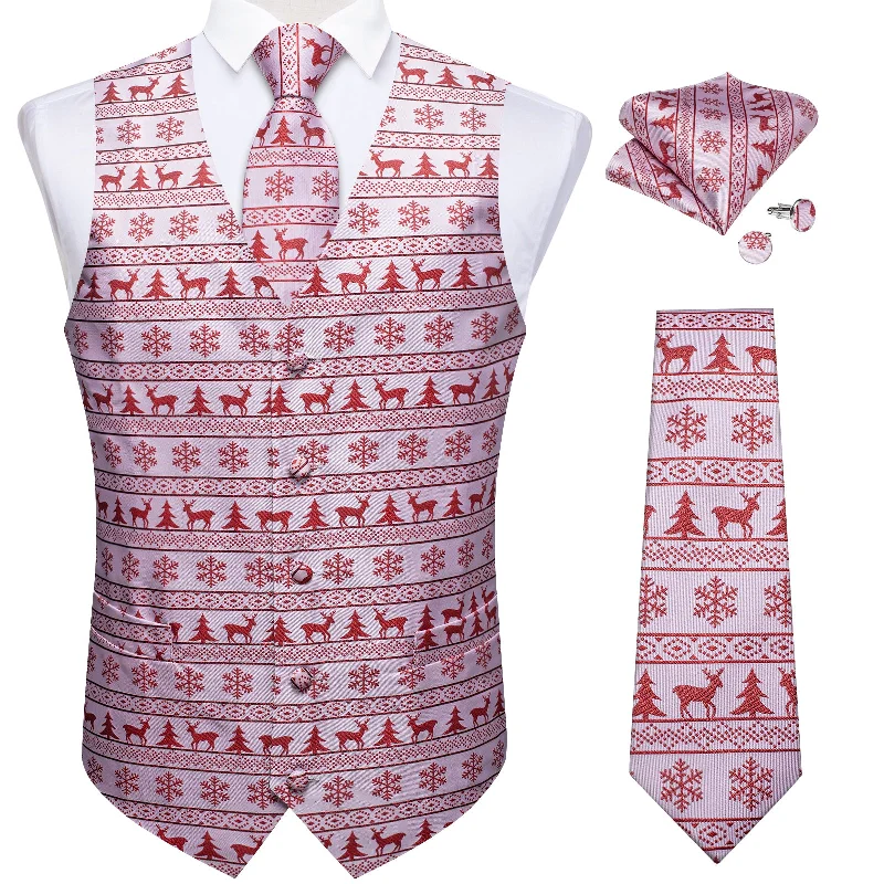 Cool men's tie-Christmas Red Elk Snowflake Tree Jacquard Silk Waistcoat Vest Handkerchief Cufflinks Tie Vest Suit Set