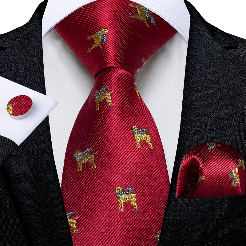 Men's formal tie for night events-Christmas Red Solid Cartoon Dog Men's Tie Pocket Square Cufflinks Set