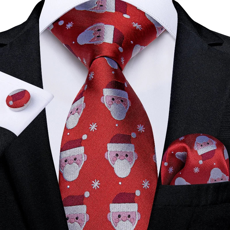 Men's designer silk tie-Christmas Red Solid Santa Claus Men's Tie Pocket Square Cufflinks Set