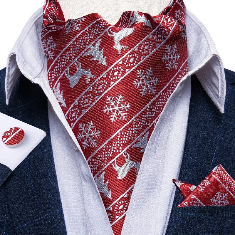 Men's tie for summer-Christmas Red Solid Silver Snowflake Silk Cravat Woven Ascot Tie Pocket Square Cufflinks With Tie Ring Set