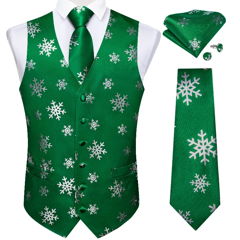 Men's bow tie vs necktie-Christmas Silver Snowflake Green Solid Jacquard Silk Waistcoat Vest Handkerchief Cufflinks Tie Vest Suit Set