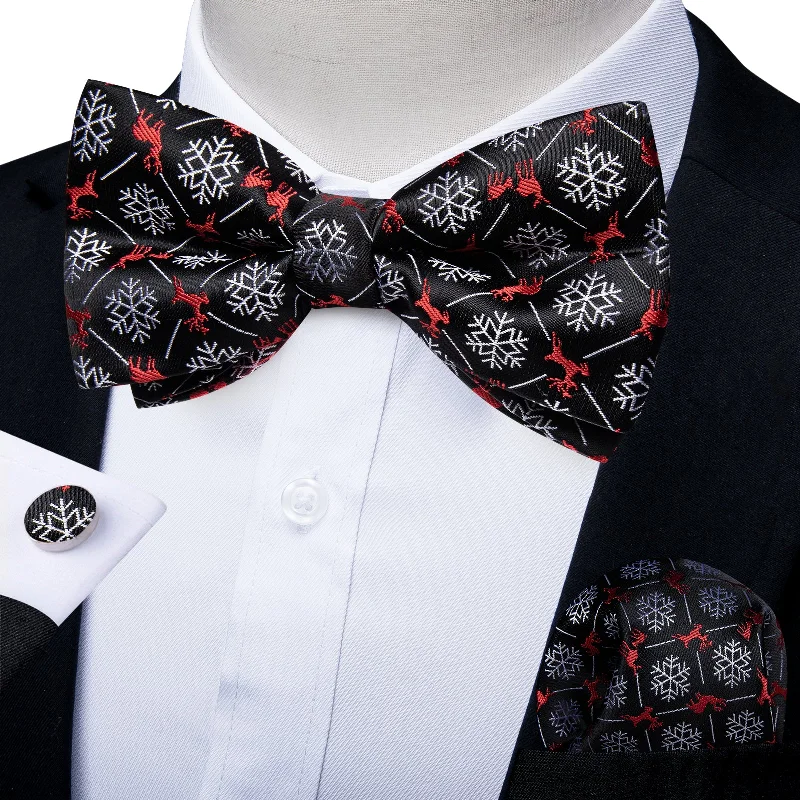 Men's tie with an embroidered design-Christmas Snowflake Elk Silk Bowtie Pocket Square Cufflinks Set