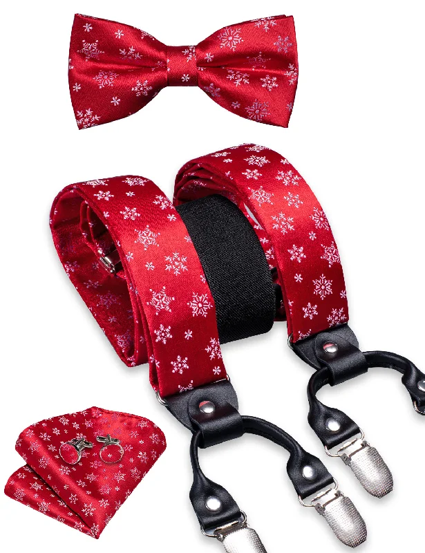 Men's tie with a subtle design-Christmas Snowflake Red Solid Brace Clip-on Men's Suspender with Bow Tie Set