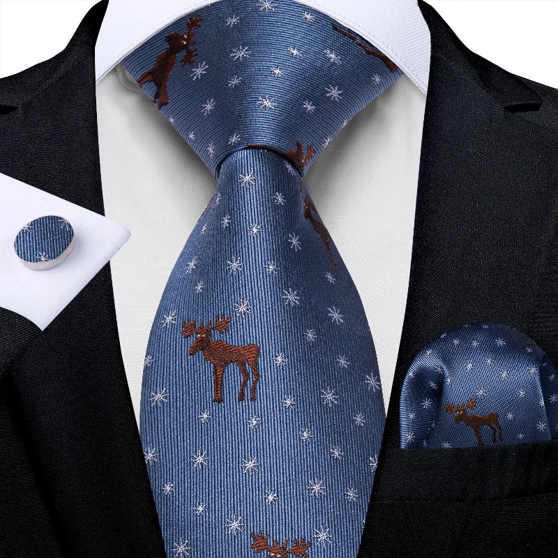 Men's tie for fancy dinners-Christmas Teal Solid Snowflake Elk Men's Tie Pocket Square Cufflinks Set