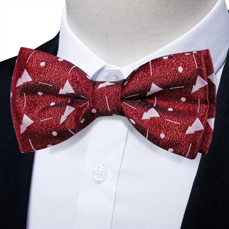 Men's tie with a contrasting stripe-Christmas Tree Red Solid Silk Bowtie Pocket Square Cufflinks Set