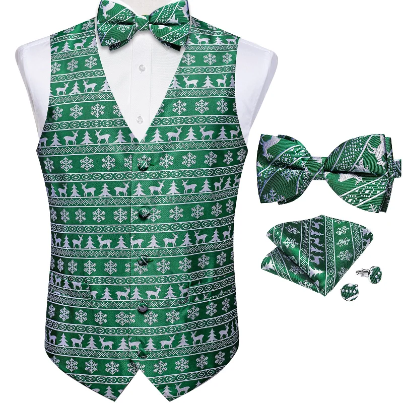 Men's tie for black tie events-Christmas White Snowflake Elk Tree Green Jacquard Silk Waistcoat Vest Bowtie Pocket Square Cufflinks Set