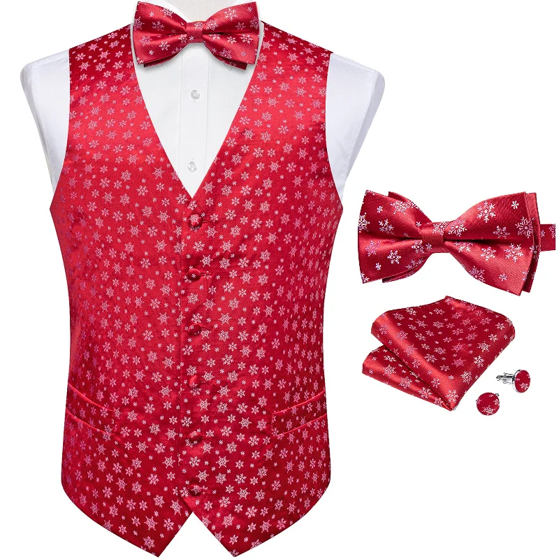 Elegant men's tie-Christmas White Snowflake Red Jacquard Silk Waistcoat Vest Bowtie Pocket Square Cufflinks Set