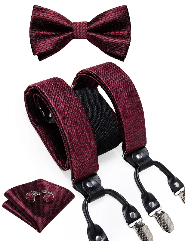 Elegant men's tie-Claret Dotted Brace Clip-on Men's Suspender with Bow Tie Set