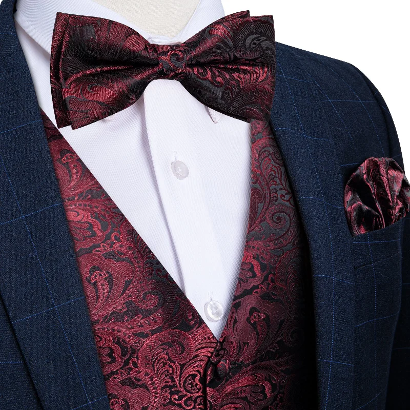 Men's tie with subtle polka dots-Claret Floral Jacquard Silk Waistcoat Vest Bowtie Handkerchief Set