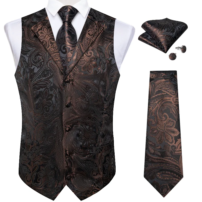 Stylish men's tie with floral design-Claret Floral Jacquard V Neck Waistcoat Vest Necktie Handkerchief Cufflinks Set