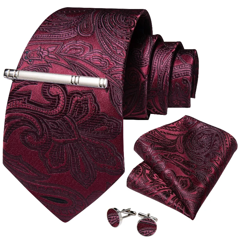 Men's tie for upscale business meetings-Claret Floral Men's Tie Handkerchief Cufflinks Clip Set