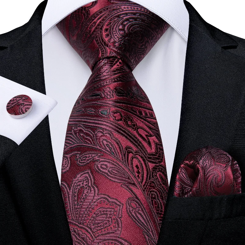 Men's tie with premium fabric-Claret Floral Men's Tie Handkerchief Cufflinks Set