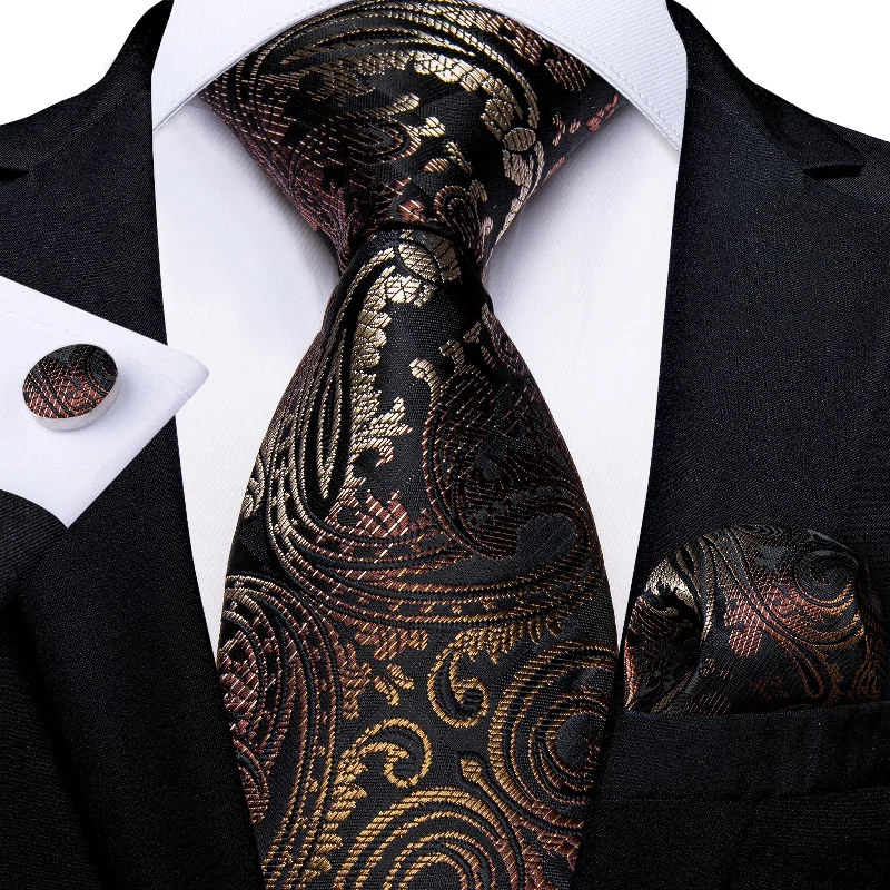 Popular men's tie designs-Claret Golden Floral Men's Tie Pocket Square Cufflinks Set