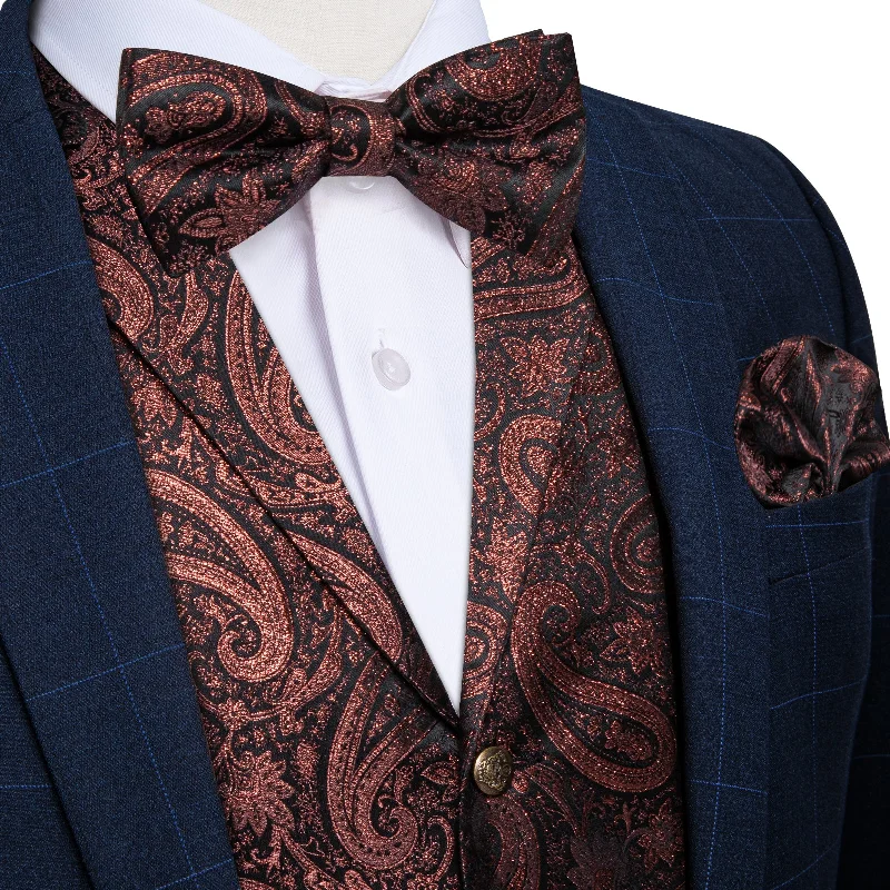 Unique necktie for men-Claret Paisley Jacquard Waistcoat Vest BowTie Handkerchief Cufflinks Set