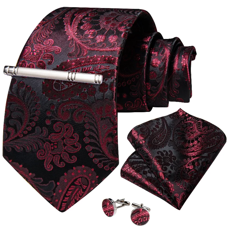 Stylish tie for professional men-Claret Paisley Men's Tie Handkerchief Cufflinks Clip Set