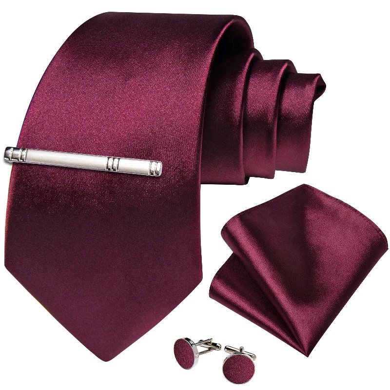 Men's tie for business meetings-Claret Solid Men's Tie Handkerchief Cufflinks Clip Set