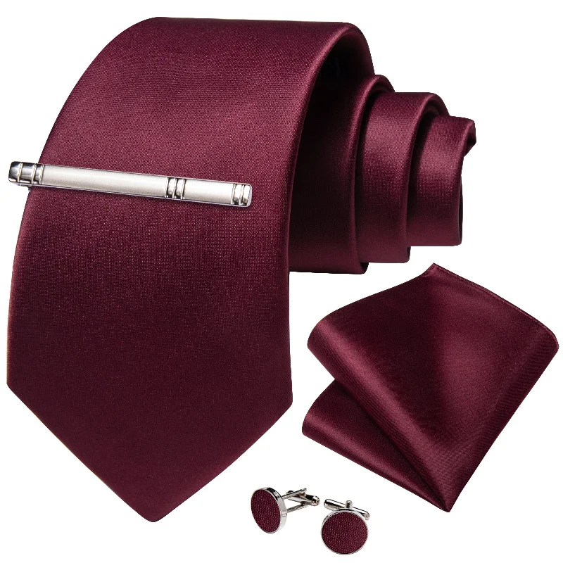 Men's tie with intricate design-Claret Solid Men's Tie Handkerchief Cufflinks Clip Set