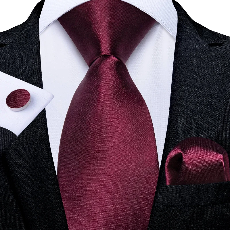 Men's solid color necktie-Claret Solid Men's Tie Handkerchief Cufflinks Set